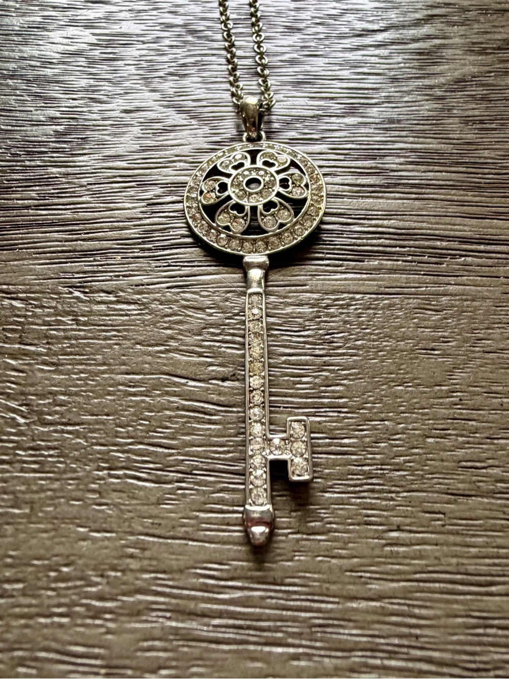 New York and Company Rhinestone Key Pendant Necklace - Silver Tone